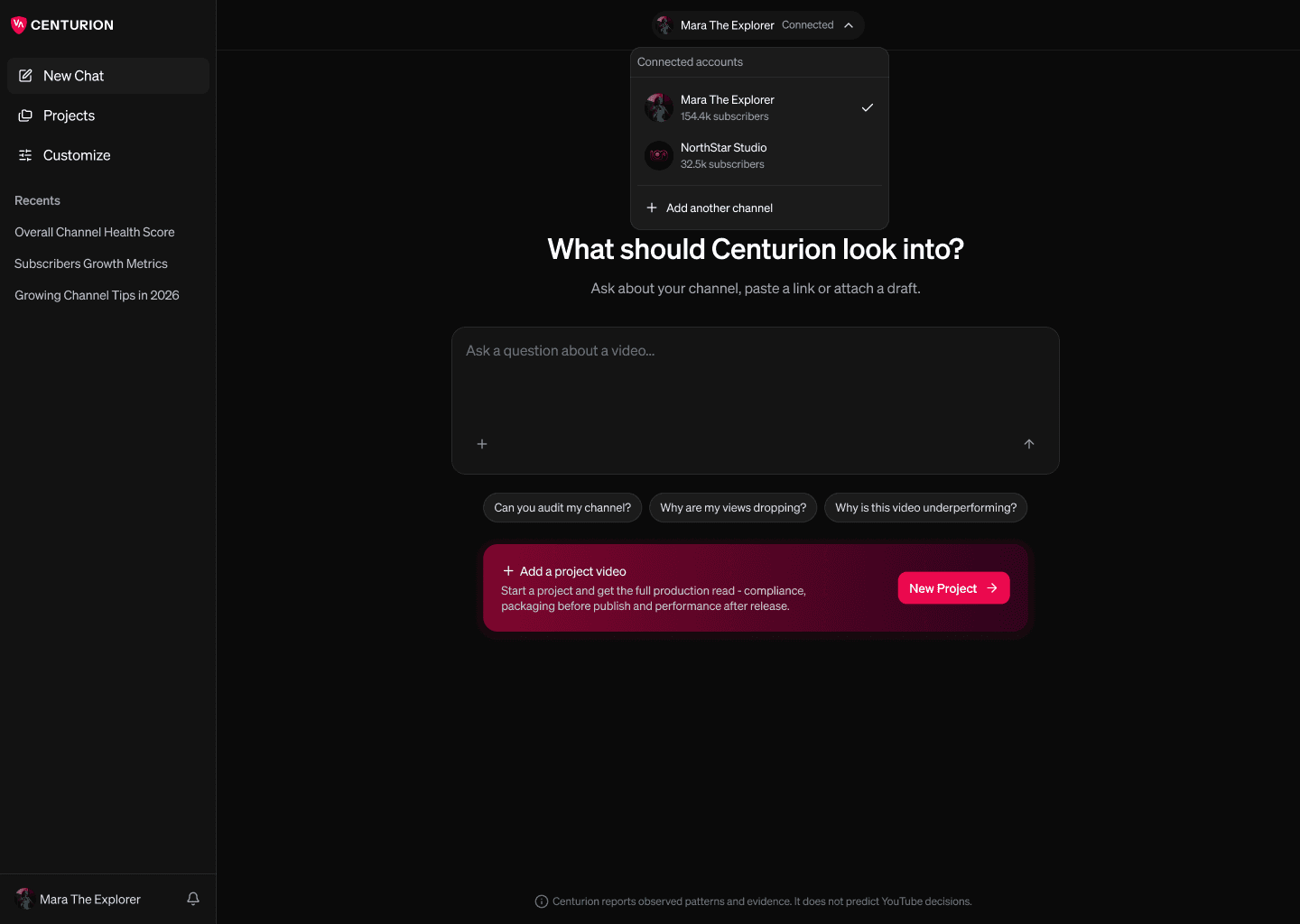 Centurion chat, with the question box and suggested questions